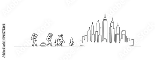 Rural to Urban Shift. Minimalistic one-line drawing individuals carrying belongings approaching city skyline, continuous single black line on white background,