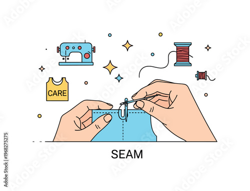 Seam home sewing scene where a person uses a needle and thread to create a seam while small sparkle and star icons emphasize craft, care, and textile skills.