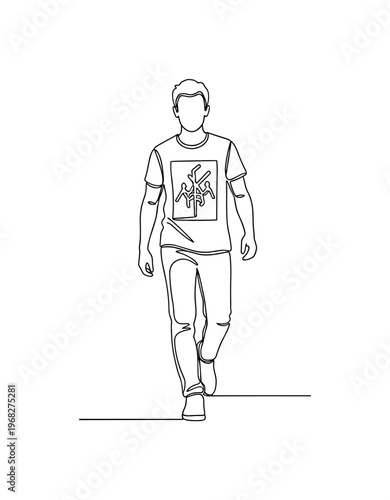 Casual Music Wear. Minimalistic one-line drawing individual in t-shirt with band graphic walking, continuous single black line on white background, simple