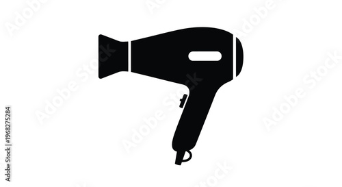 A simple black silhouette of a hair dryer shown in a side profile view against white
