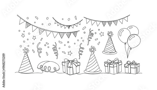Celebration Accessories. Minimalistic one-line drawing confetti, streamers, and festive objects, continuous single black line on white background, simple