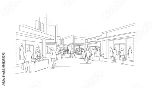 Urban Retail. Minimalistic one-line drawing shoppers interacting with vendors while passing modern shops, continuous single black line on white background,