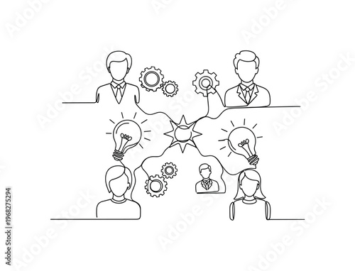 Community Collaboration. Minimalistic one-line drawing people linking ideas into central hub, continuous single black line on white background, simple outline
