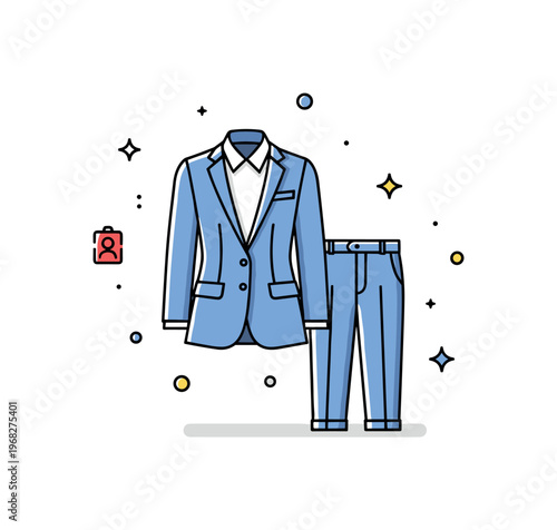 Tailored outfits urban street style concept where a fitted blazer and trousers are styled casually while tiny sparkle and star icons highlight fashion-forward,