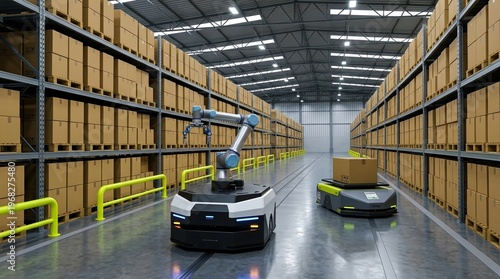 Warehouse robot, autonomous mobile robot, industrial automation, logistics, smart warehouse, robotic arm, distribution center with AI-driven AMRs for efficient package handling.
