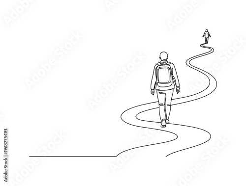 Soul Adventure. Minimalistic one-line drawing human figure walking along symbolic winding path, continuous single black line on white background, simple