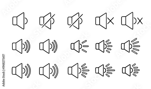 “Editable speaker and volume icon collection with mute, unmute, and sound level symbols for multimedia and UI design”