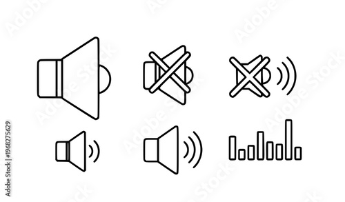 “Linear speaker and volume icon set with mute, unmute, and sound control symbols for video app and web interface design”