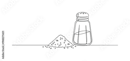 Kitchen Mishap. Minimalistic one-line drawing spilled salt on countertop with shaker nearby, continuous single black line on white background, simple outline