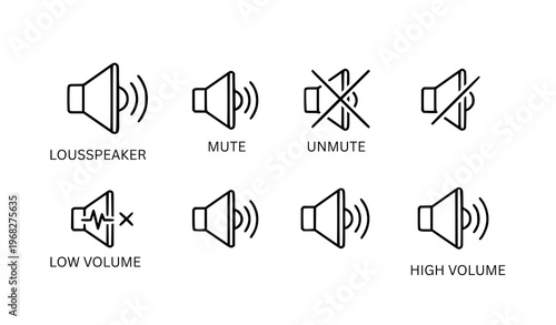 “Speaker and volume icon set with mute, unmute, and loudspeaker symbols for audio control in video apps and web UI design”