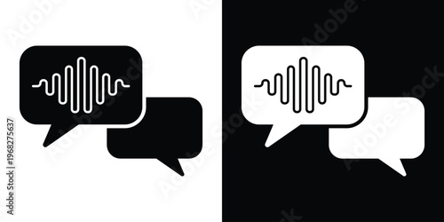 Chat bubbles with a sound wave inside one, depicting voice messaging, audio comments, verbal communication, and social media messaging app features.