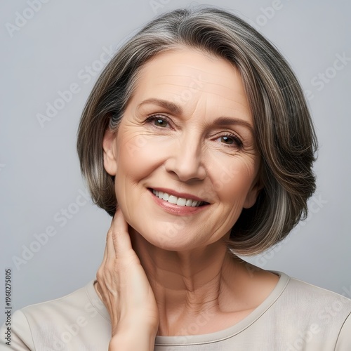 Smiling woman with short grey hair posing gently against a plain background