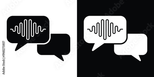 Chat bubbles with a sound wave inside one, depicting voice messaging, audio comments, verbal communication, and social media messaging app features.