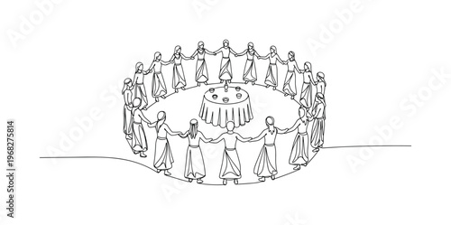 Ritual Dance. Minimalistic one-line drawing figures moving in circular pattern around central altar, continuous single black line on white background, simple