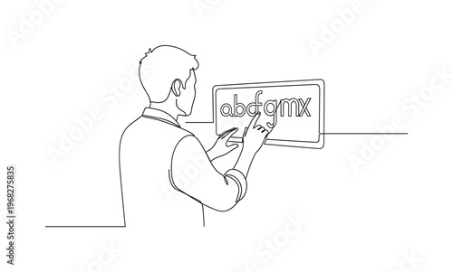 Type Setting. Minimalistic one-line drawing individual adjusting kerning and spacing of letters digitally, continuous single black line on white background,