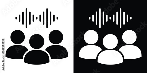 Three people silhouettes with a sound wave icon above, representing group communication, audience listening, podcast community, or voice recognition technology. Black and white vector.