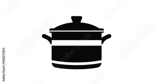 A simple black silhouette depicts a cooking pot with handles and a fitted lid high quality