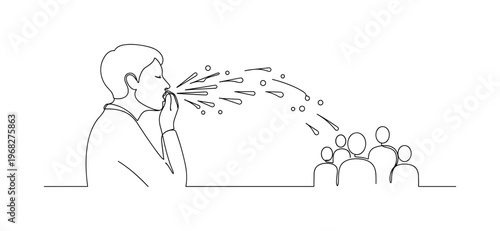 Droplet Transmission. Minimalistic one-line drawing person sneezing with particles traveling toward others, continuous single black line on white background,