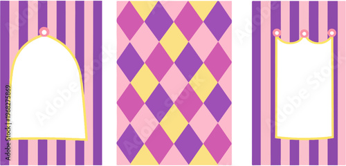 Whimsical circus background set with purple and pink stripes, harlequin diamond pattern vector, carnival theme frames and borders for party invitations and event stationery