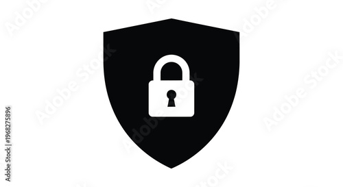A black shield icon prominently features a white padlock symbol representing security and protection high quality