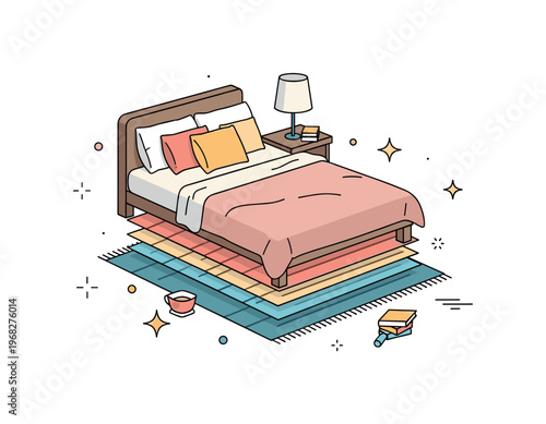 Rug under bed layered decor scene where a textured rug complements bedding and pillows while small sparkle and line icons emphasize warmth, style, and visual