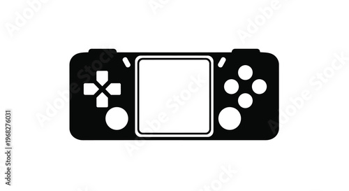 A black and white illustration depicts a retro handheld game console with directional pad and buttons