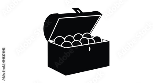 A black silhouette of an open treasure chest overflowing with round objects high quality professional detailed