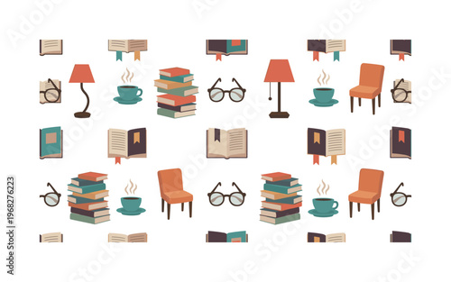book lovers motifs seamless pattern, repeating pattern, surface design, textile print, modern illustration of books, reading glasses, open books, bookmarks,