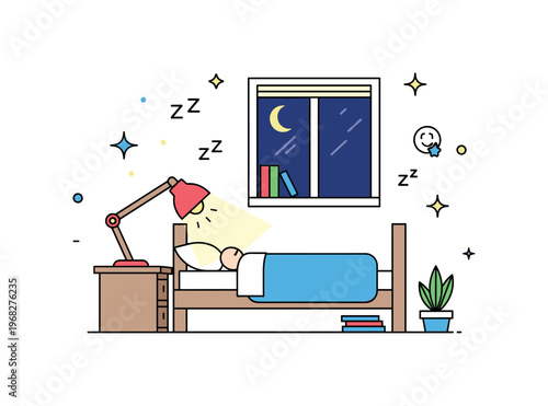 Quiet apartment night scene where a small bedside lamp casts soft light across a minimalist bedroom while small sparkle and line icons emphasize calm, sleep,