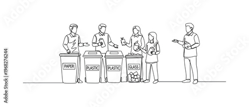 Eco Community Action. Minimalistic one-line drawing people teaching others to recycle with labeled bins, continuous single black line on white background,