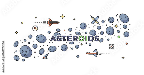 Asteroids asteroid belt exploration concept where multiple spacecraft navigate a dense asteroid field while small sparkle and star icons emphasize