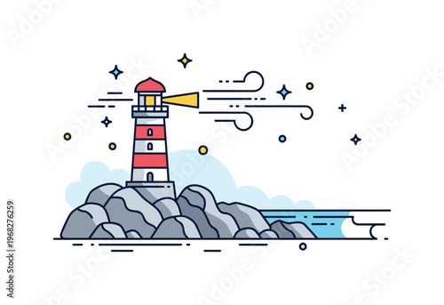 Ocean breeze lighthouse scene where wind flows across coastal rocks while small sparkle and line icons emphasize freshness, motion, and seaside atmosphere. The