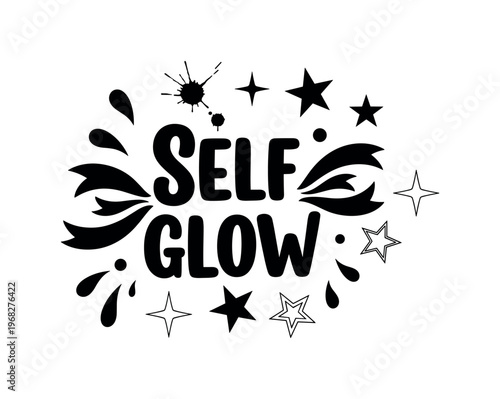 Self Glow. lettering and all elements in black. Vector style. AWhite background. Pure white background. Perfect isolation and visual consistency.
