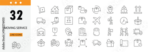 Moving service icons set representing relocation, packing, boxes, truck, delivery, logistics and home shifting services. Editable Stroke.