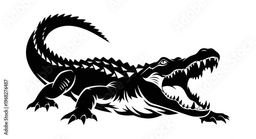 Aggressive alligator silhouette with open jaws and sharp teeth.