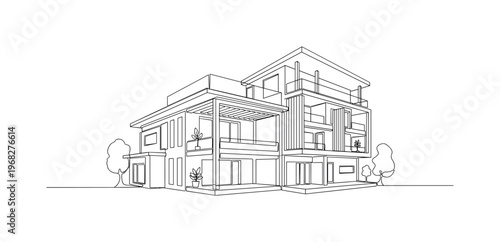 Green Building Materials. Minimalistic one-line drawing modern eco-building with wooden and plant-based construction elements, continuous single black line on