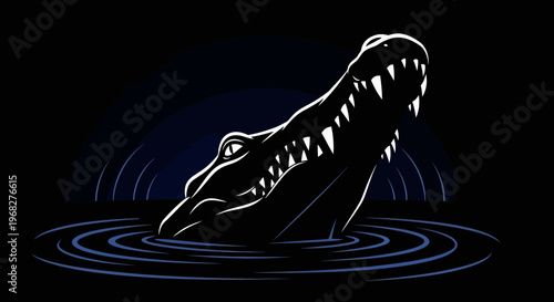 Alligator emerging from dark water with ripples, minimalist illustration.