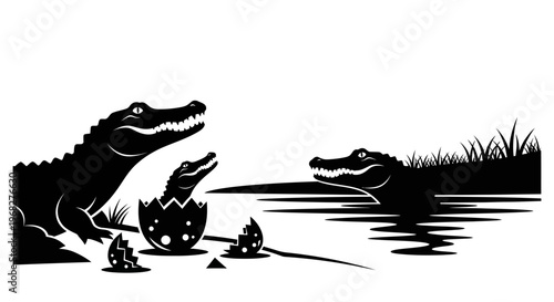 Alligator family with newborn hatching from egg in natural habitat.