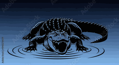Alligator emerging from water with menacing open jaws.