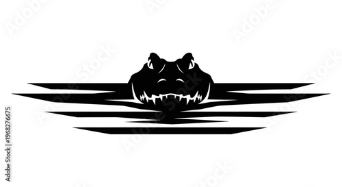 Alligator head emerging from water in a striking black and white illustration.