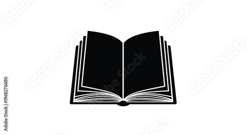An open book illustration in black and white showing blank pages and a bound spine
