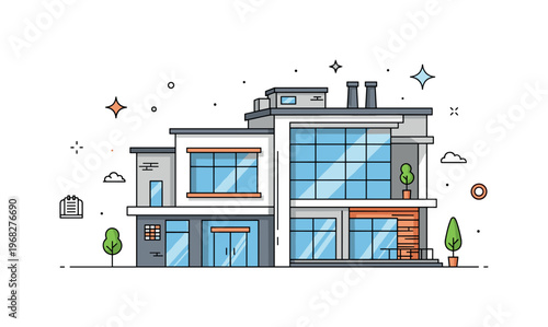 Modern architecture industrial loft scene where a building with clean lines, large windows, and minimalist details stands while small sparkle and line icons