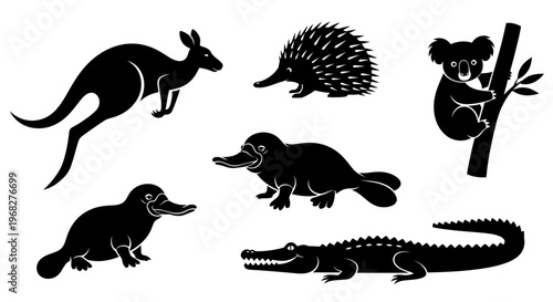 Australian Wildlife Silhouettes - Kangaroo, Echidna, Koala, Platypus, and Crocodile.