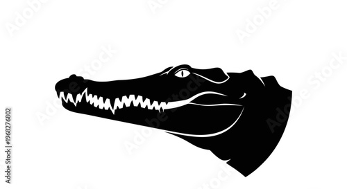 Alligator head silhouette with sharp teeth and glowing eye.