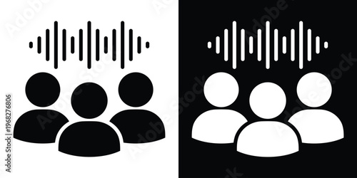 Three people silhouettes with a sound wave icon above, representing group communication, audience listening, podcast community, or voice recognition technology. Black and white vector.