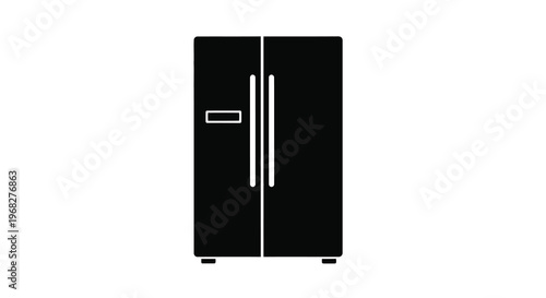 A simple black and white illustration depicts a modern side by side refrigerator with vertical handles