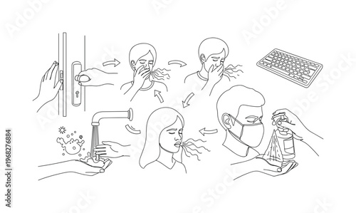 How Germs Spread and How to Stop Them. Minimalistic one-line drawing hands touching surfaces, people sneezing, and arrows showing germ transmission, continuous
