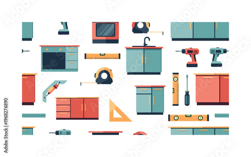 kitchen setup icons seamless pattern, repeating pattern, surface design, textile print, modern illustration of cabinets, countertops, drills, screwdrivers,