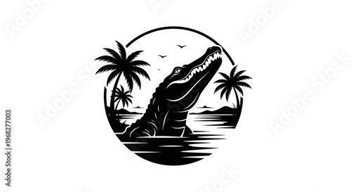 Alligator in water with palm trees in a circular logo.
