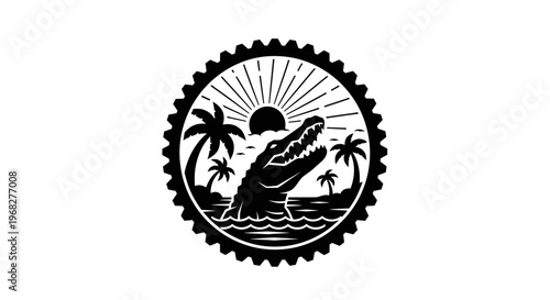 Alligator in water with palm trees and sun in a circular badge design.